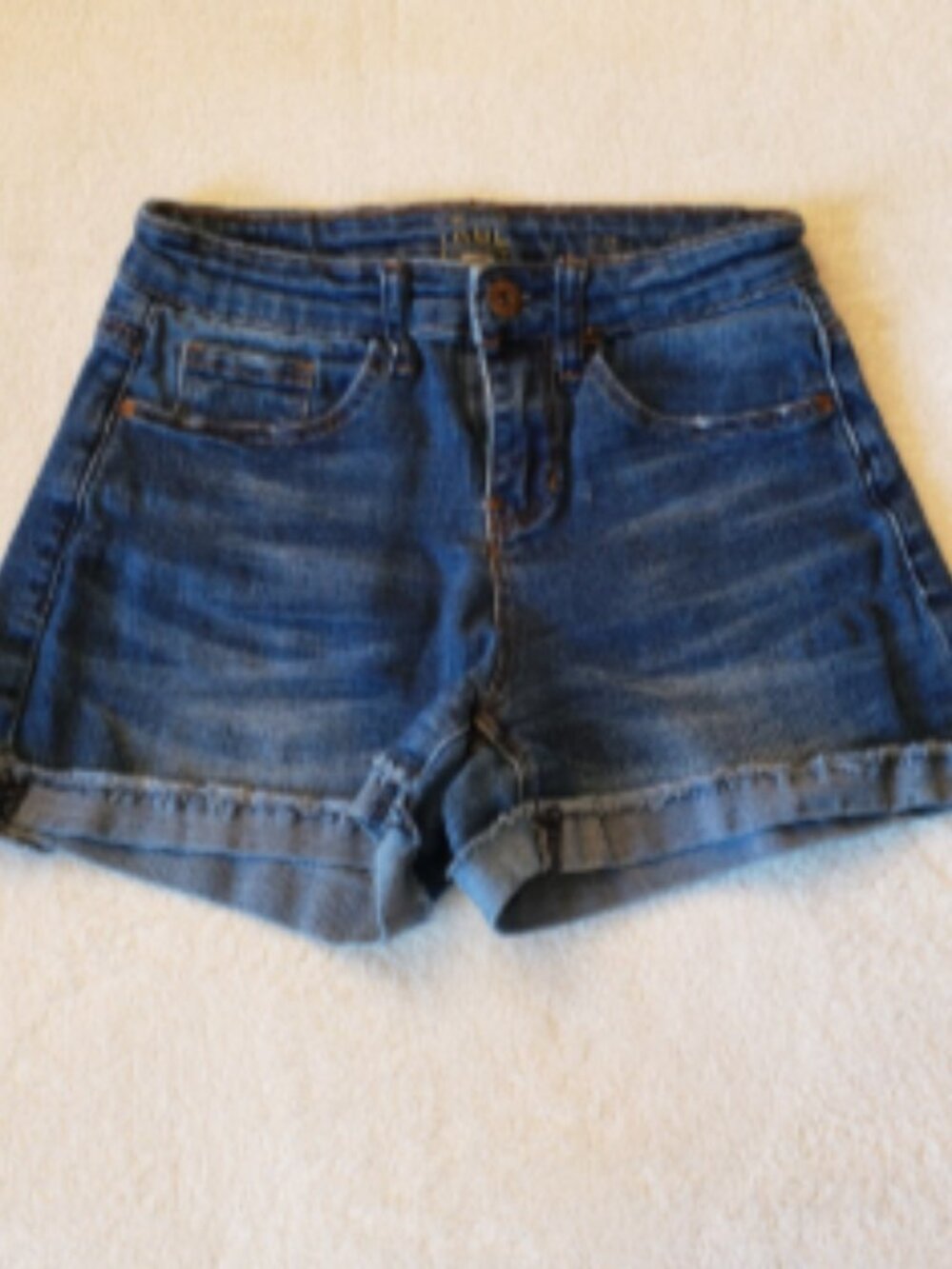 True Draft Jean Shorts Dark Wash Cuffed Med Rise Rolled Hem Super Short Size 1